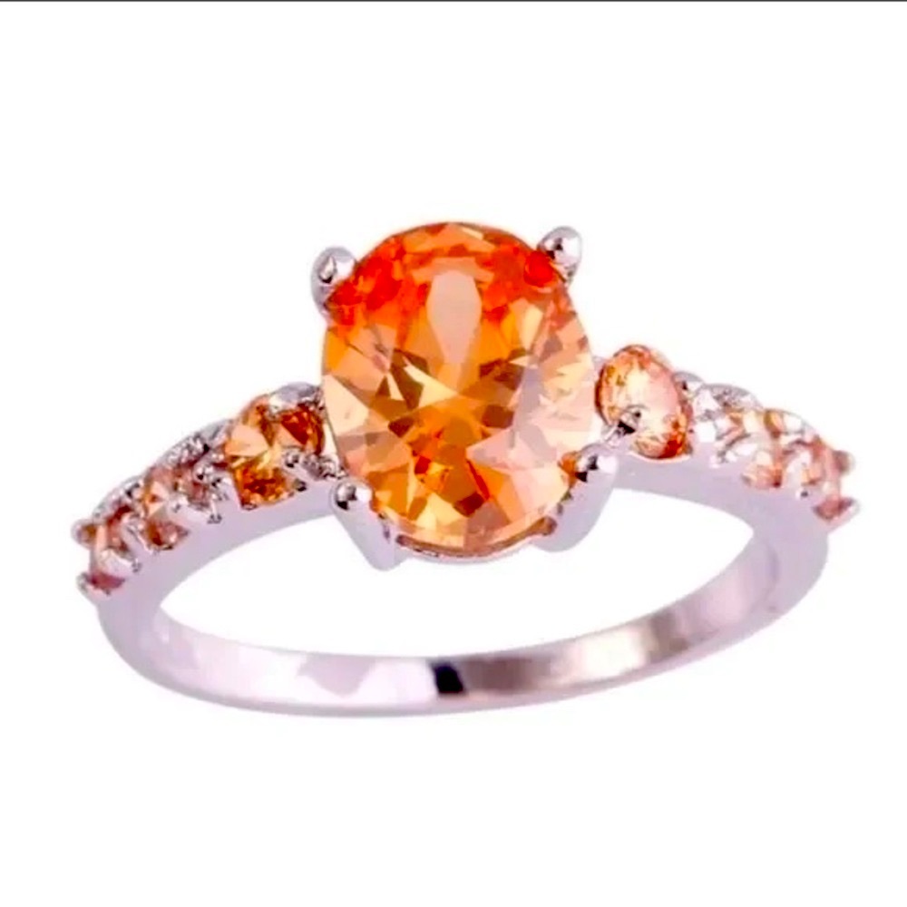 New S925 Sterling Silver Rare Golden Orange Topaz Oval Cut Luxurious Ring